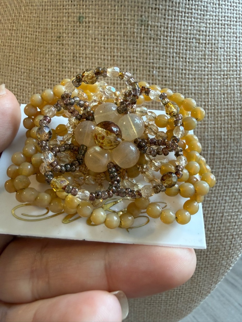Beaded Floral Stretch Bracelet in Yellow and Gold